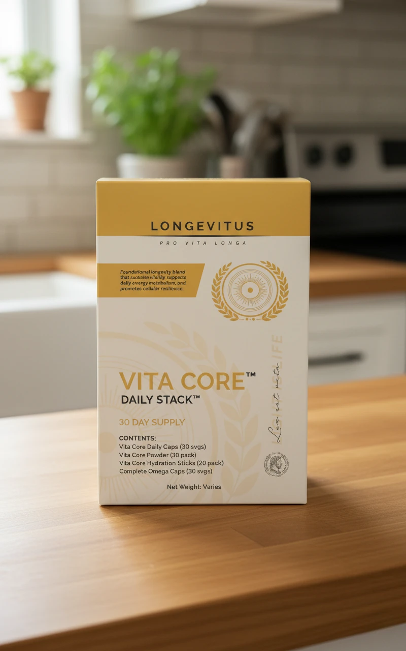 Vita Core Daily Stack packaging concept on a wooden kitchen counter.