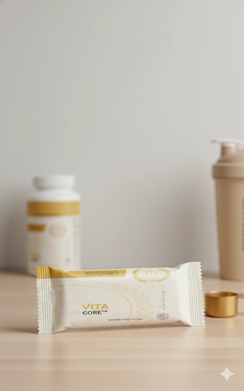 A wrapped Vita Core bar on a light wooden counter with cream and gold packaging behind it.