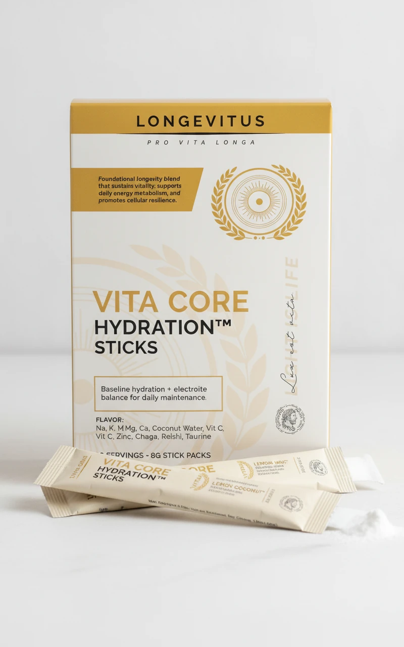 Vita Core Hydration Sticks packaging concept with a gold-and-ivory box and individual sachets.