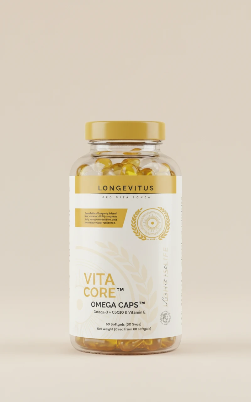 Vita Core Omega Caps packaging concept with golden softgels in a clear bottle.