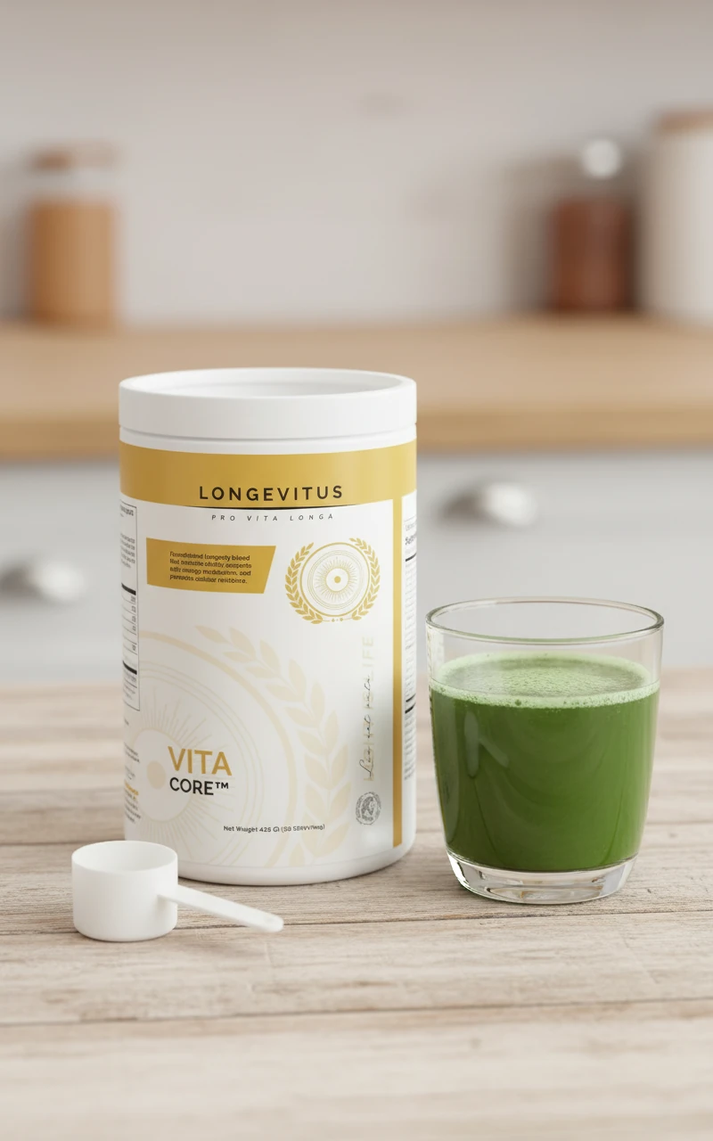 Vita Core powder packaging concept beside a green drink and a white scoop on a wooden counter.